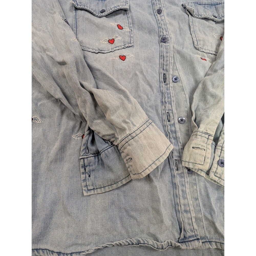 Billy T XL Love Wing Embroidered Distressed Denim Canvas Utility Shirt Women's - Picture 2 of 10
